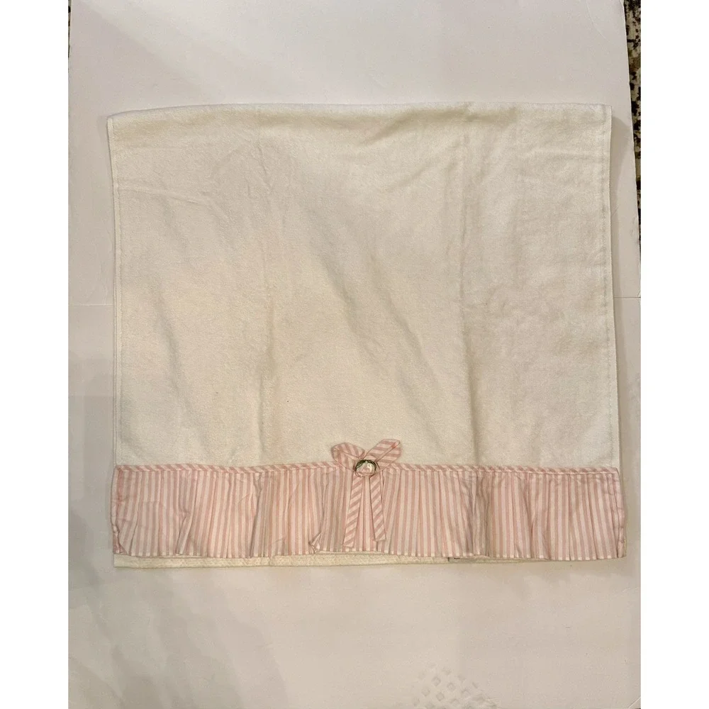 Vintage AVANTI Rosebud pink white striped ruffled bath towel plus 2 wash cloths